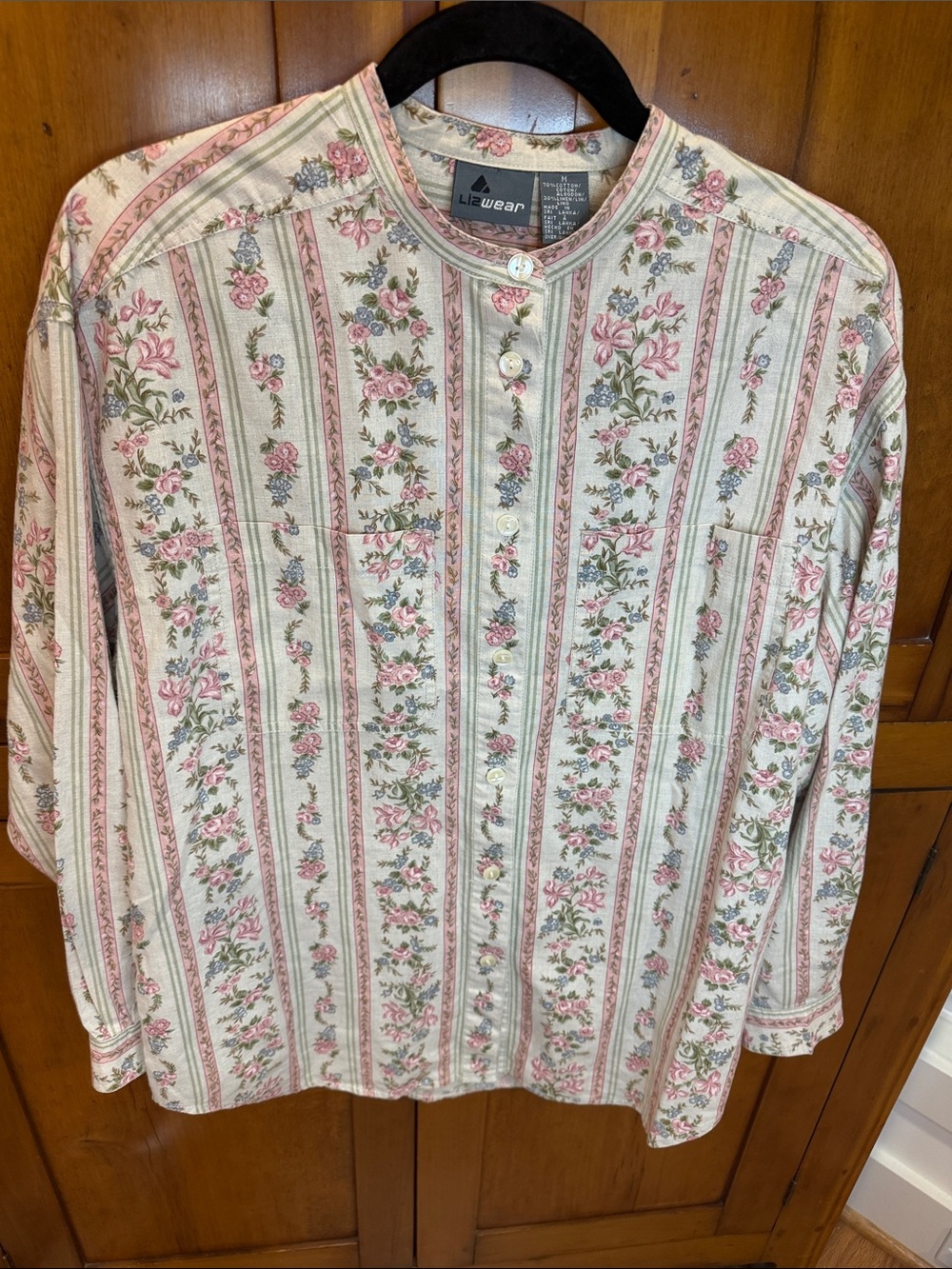 VTG 90s Liz Wear Linen/Cotton Floral Stripe Button-Up Blouse - Pink & Cream M